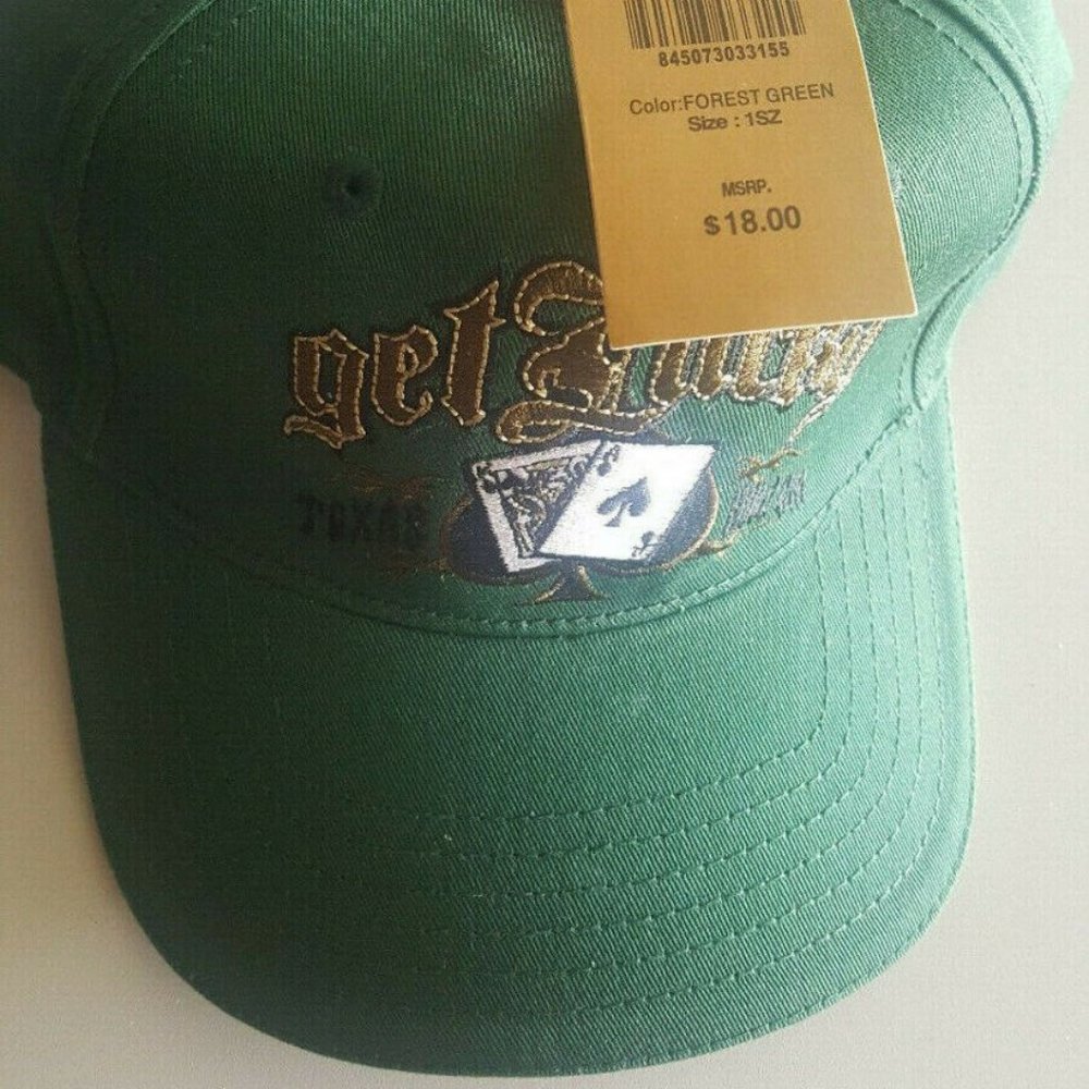 Vintage 80s TEXAS HOLD'EM Vintage"GET LUCKY" GAMBLING HAT Men's FOREST GREEN NW